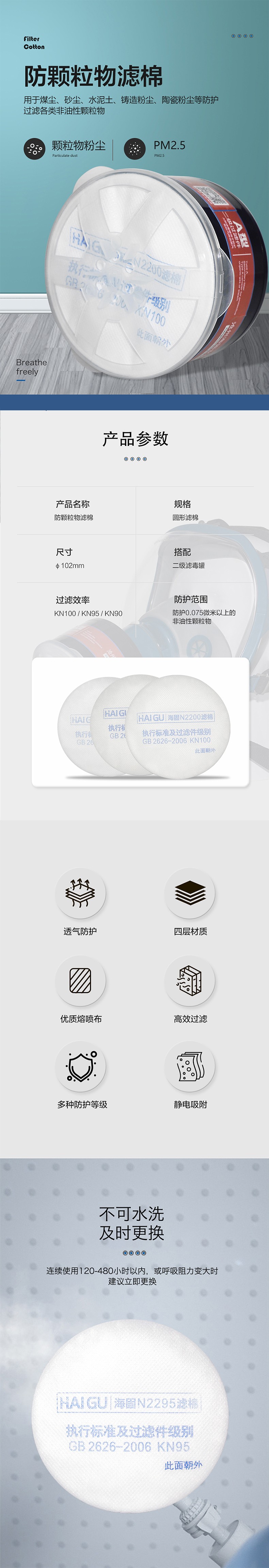 海固N(yùn)2290 2系列KN90非油性顆粒物濾棉 產(chǎn)品名稱：防顆粒物濾棉，用于煤塵、砂塵、水泥土、鑄造粉塵、陶瓷粉塵等防護(hù)過濾各類非油性顆粒物。 規(guī)格：圓形濾棉 尺寸：102mm 搭配：二級(jí)濾毒罐 過濾效率：KN90 防護(hù)范圍：防護(hù)0.075微米以上的非油性顆粒物圖片