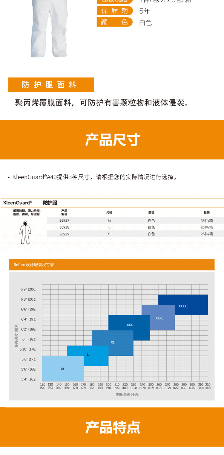 金佰利97910 KLEENGUARD勁衛(wèi)A40白色防護服M圖片2
